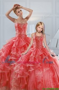 Excellent Floor Length Lace Up Quinceanera Dresses Coral Red and In for Military Ball and Sweet 16 and Quinceanera with Beading and Ruffled Layers