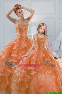 Flare Orange Organza Lace Up Sweetheart Sleeveless Quinceanera Dresses Beading and Ruffled Layers