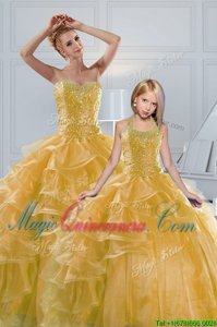 Wonderful Gold Sleeveless Floor Length Beading and Ruffled Layers Lace Up Sweet 16 Quinceanera Dress
