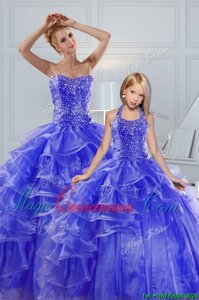 Clearance Sweetheart Sleeveless Quinceanera Gowns Floor Length Beading and Ruffled Layers Blue Organza