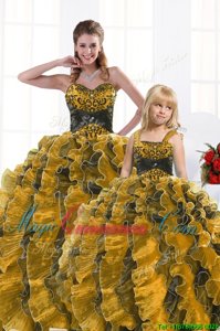 Organza Sweetheart Sleeveless Lace Up Beading and Appliques and Ruffles Sweet 16 Dress in Gold