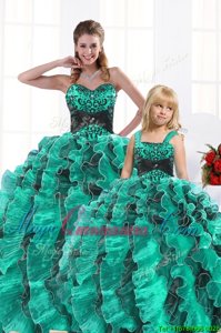 Attractive Turquoise Ball Gowns Organza Sweetheart Sleeveless Beading and Appliques and Ruffles Floor Length Lace Up Quince Ball Gowns