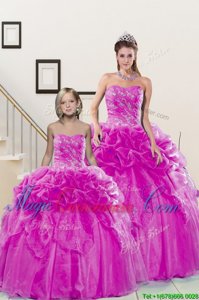 Admirable Organza Sweetheart Sleeveless Lace Up Beading and Pick Ups Quinceanera Gown in Fuchsia