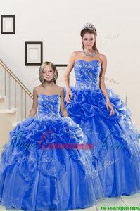 Best Selling Sleeveless Floor Length Beading and Pick Ups Lace Up Sweet 16 Quinceanera Dress with Blue