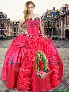 Coral Red Quinceanera Dress Military Ball and Sweet 16 and Quinceanera and For with Beading and Appliques and Ruffles Sweetheart Sleeveless Lace Up