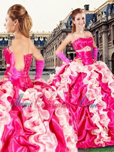 Fashion Strapless Sleeveless Ball Gown Prom Dress Floor Length Beading and Ruffles and Pick Ups Hot Pink Organza and Taffeta