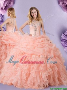 Pick Ups Floor Length Peach Ball Gown Prom Dress Straps Sleeveless Zipper