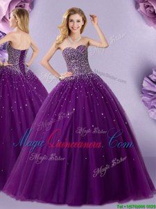 Elegant Sleeveless Floor Length Beading Lace Up Sweet 16 Quinceanera Dress with Dark Purple
