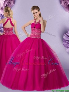 Fuchsia Tulle Lace Up Halter Top Sleeveless Floor Length 15 Quinceanera Dress Beading