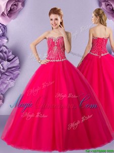 Hot Pink Ball Gowns Sweetheart Sleeveless Tulle Floor Length Lace Up Beading Sweet 16 Dresses