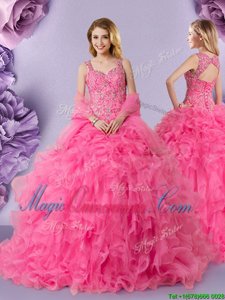 Straps Straps Lace Quinceanera Gowns Hot Pink Lace Up Sleeveless Floor Length