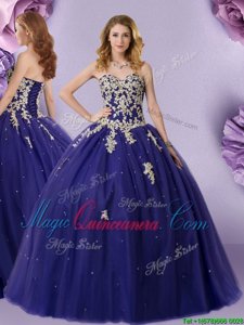 Navy Blue Tulle Lace Up Sweet 16 Dresses Sleeveless Floor Length Beading