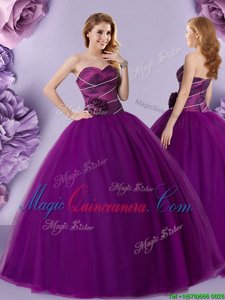 Hot Selling Dark Purple Sweetheart Neckline Hand Made Flower Quince Ball Gowns Sleeveless Zipper
