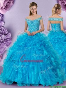 Baby Blue Ball Gowns Off The Shoulder Sleeveless Organza Floor Length Lace Up Beading and Lace and Ruffles Quinceanera Dresses
