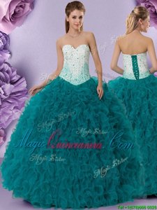High Class Sweetheart Sleeveless Lace Up Quinceanera Gowns Teal Tulle