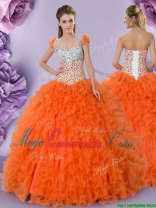 Super Orange Red Tulle Lace Up Quinceanera Dress Sleeveless Floor Length Beading and Ruffles