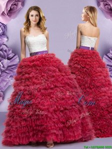 Lace and Ruffled Layers Ball Gown Prom Dress Wine Red Lace Up Sleeveless Floor Length