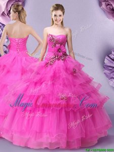 Flare Hot Pink Ball Gowns Tulle Sweetheart Sleeveless Appliques and Ruffled Layers and Hand Made Flower Floor Length Lace Up 15th Birthday Dress