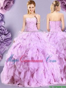 Sumptuous Sleeveless Floor Length Beading and Ruffles Zipper 15th Birthday Dress with Lilac