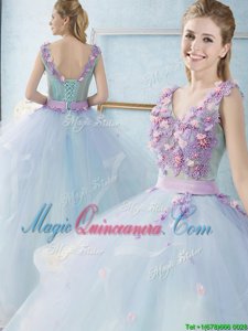 Floor Length Ball Gowns Sleeveless Light Blue Quinceanera Gown Lace Up
