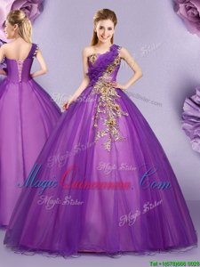 Elegant Purple Ball Gowns One Shoulder Sleeveless Tulle Floor Length Lace Up Appliques and Ruffles Quince Ball Gowns
