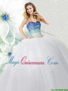 Sleeveless Floor Length Beading Lace Up Quince Ball Gowns with White
