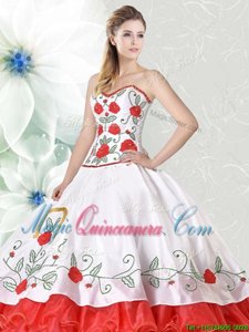 Spectacular Organza and Taffeta Sweetheart Sleeveless Lace Up Embroidery and Ruffled Layers Quinceanera Dress in White and Red