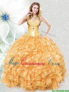 Sweetheart Sleeveless Lace Up Quince Ball Gowns Gold Organza