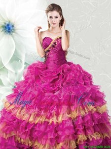 Fuchsia and Gold Lace Up Quinceanera Gown Ruffles and Ruffled Layers Sleeveless Floor Length
