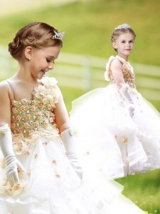 White Sleeveless Brush Train Ruffled Layers and Hand Made Flower Pageant Dress for Womens