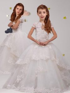 Pretty Scoop White Short Sleeves Tulle Brush Train Backless Little Girl Pageant Dress for Party and Quinceanera and Wedding Party