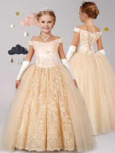 Champagne Lace Up Off The Shoulder Lace Pageant Dress for Teens Tulle Cap Sleeves