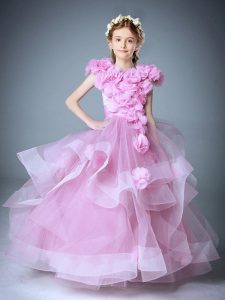 Baby Pink Tulle Zipper Scoop Sleeveless Floor Length High School Pageant Dress Hand Made Flower