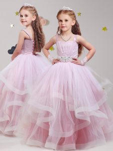 Baby Pink Pageant Dress Womens Party and Quinceanera and Wedding Party and For with Beading and Ruffles Straps Sleeveless Lace Up
