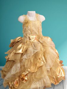 Classical Gold Ball Gowns Organza Straps Sleeveless Ruffles and Sequins and Hand Made Flower Floor Length Lace Up Pageant Dress for Girls