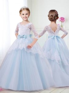 Charming Scoop Half Sleeves Girls Pageant Dresses With Brush Train Lace and Bowknot Light Blue Tulle