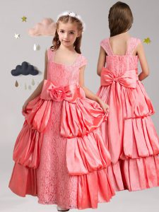 Straps Cap Sleeves Taffeta and Lace Floor Length Zipper Pageant Dress for Girls in Watermelon Red with Pick Ups and Bowknot and Hand Made Flower