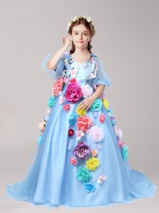 Perfect With Train A-line Half Sleeves Baby Blue Little Girls Pageant Dress Brush Train Zipper