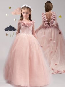Scoop Long Sleeves Tulle With Brush Train Backless Pageant Dress for Womens in Pink with Lace and Appliques and Ruffles