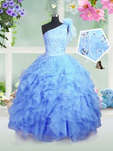 One Shoulder Baby Blue Ball Gowns Beading and Ruffles Pageant Dress Lace Up Organza Sleeveless Floor Length
