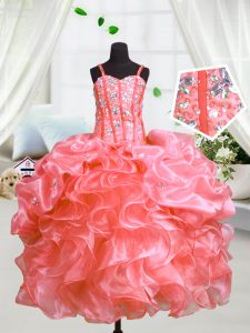 Unique Watermelon Red Spaghetti Straps Neckline Beading and Ruffles Pageant Dress for Girls Sleeveless Lace Up