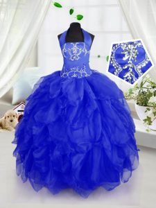 Floor Length Royal Blue Little Girls Pageant Gowns Halter Top Sleeveless Lace Up