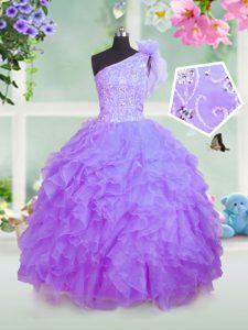 Perfect One Shoulder Sleeveless Organza Floor Length Lace Up Pageant Dress Womens in Lavender with Beading and Ruffles