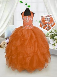 Orange Red Ball Gowns Halter Top Sleeveless Organza Floor Length Lace Up Beading and Ruffles Pageant Dress Wholesale