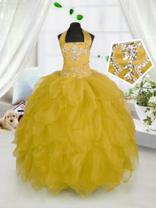 Halter Top Sleeveless Organza Evening Gowns Beading and Ruffles Lace Up