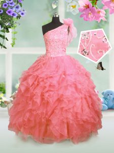 One Shoulder Watermelon Red Sleeveless Organza Lace Up Pageant Dress Toddler for Party and Wedding Party