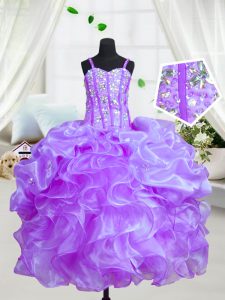Ball Gowns Pageant Dress for Teens Eggplant Purple Spaghetti Straps Organza Sleeveless Floor Length Lace Up