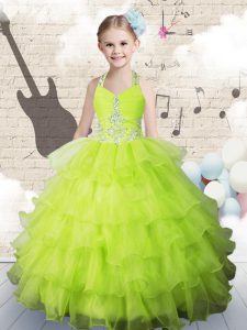 Sleeveless Lace Up Floor Length Beading and Ruffled Layers Custom Made Pageant Dress