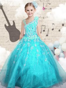 Aqua Blue Tulle Lace Up Asymmetric Sleeveless Floor Length Pageant Dress for Teens Appliques