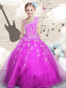 Fuchsia Ball Gowns Organza Asymmetric Sleeveless Beading and Appliques and Hand Made Flower Floor Length Lace Up Pageant Gowns